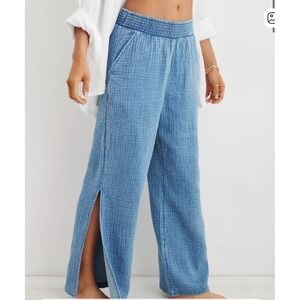 Aerie Wide Leg Pants XS Gauzy Light Blue Smocked Waist Slits Beach Boho